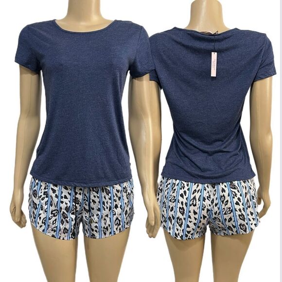 Victoria’s Secret Soft short sleeve top & animal print shorts pajama Set blue Xs - Picture 1 of 3